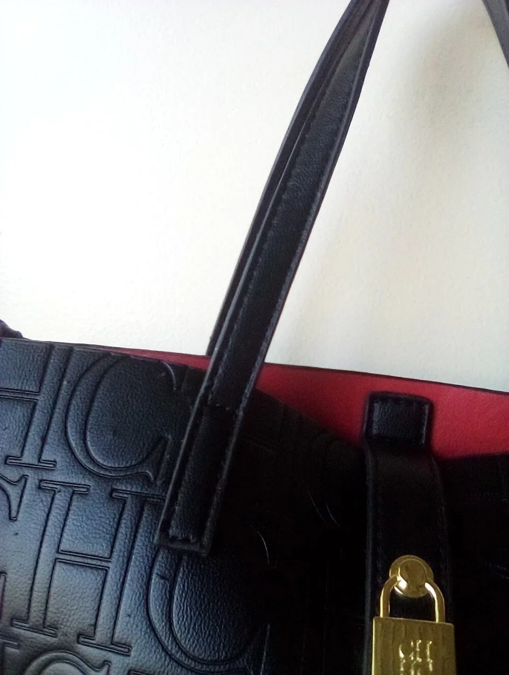 Women’s Embossed CHCH Logo Tote Bag in Black with Red Interior - Picture 8 of 10